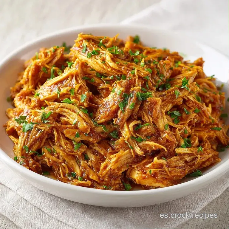 Mont&iacute;culo de fibras de pollo tiernas ba&ntilde;adas en salsa brillante, adornadas con hojas verdes sobre fondo neutro limpio.