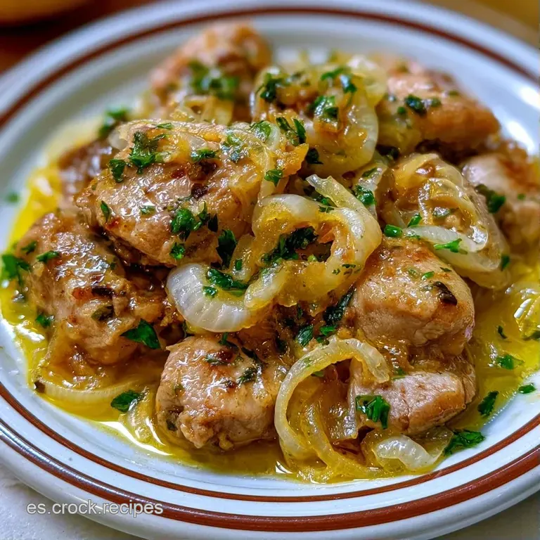 Piezas de pollo jugoso dispuestas en plato blanco, adornadas con pimientos rojos y un caldo transl&uacute;cido y brillante.