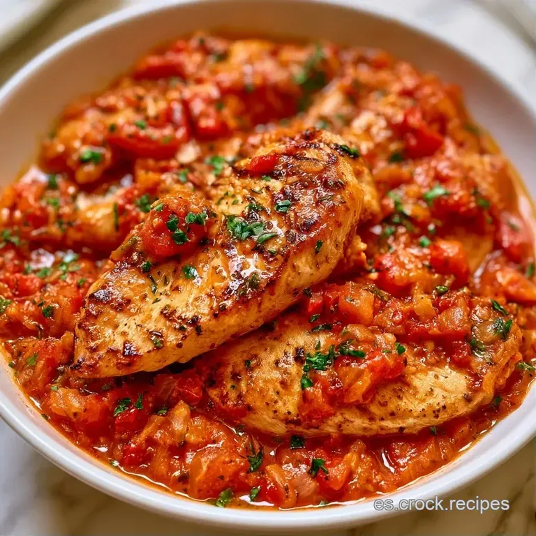 Pollo jugoso dispuesto en plato cerámico blanco, cubierto por una salsa roja brillante y cremosa con un toque de verde.