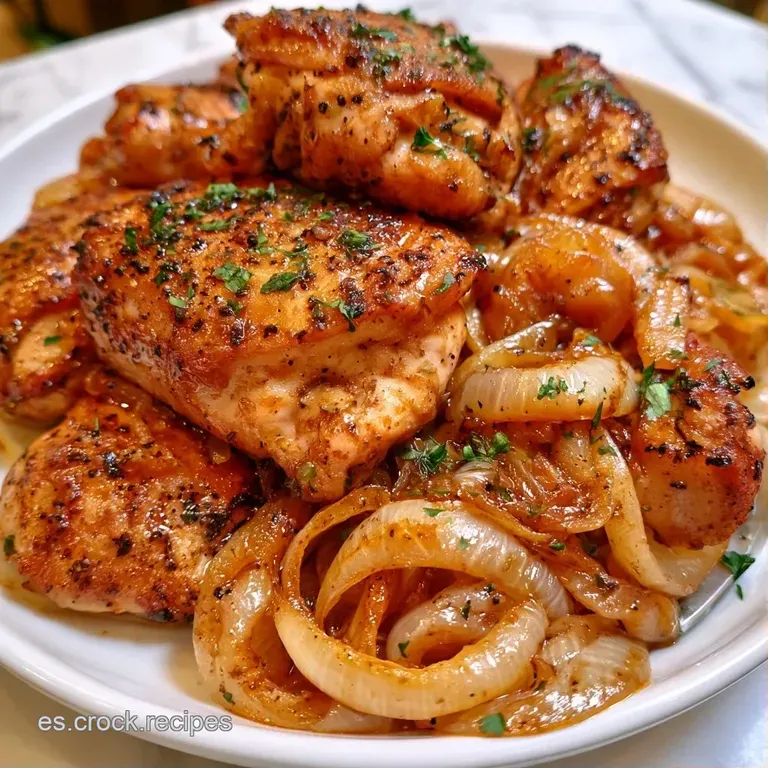 Trozos de carne jugosa sobre un plato blanco, coronados con cebollas suaves y transparentes y un toque de perejil fresco.