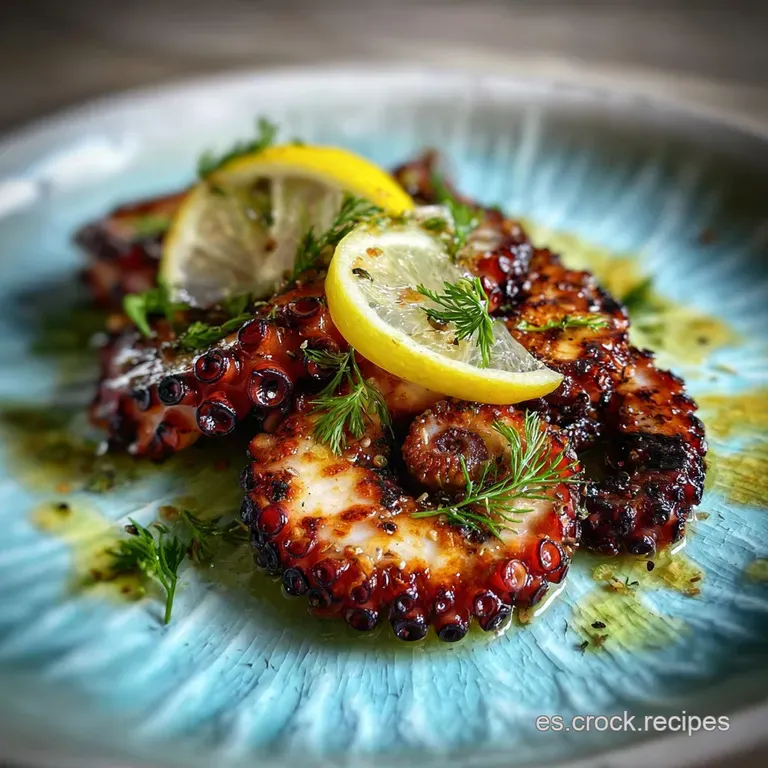 Elegant plating of tender grilled octopus with vibrant greens and a drizzle of sauce on a white ceramic plate, ready to be...