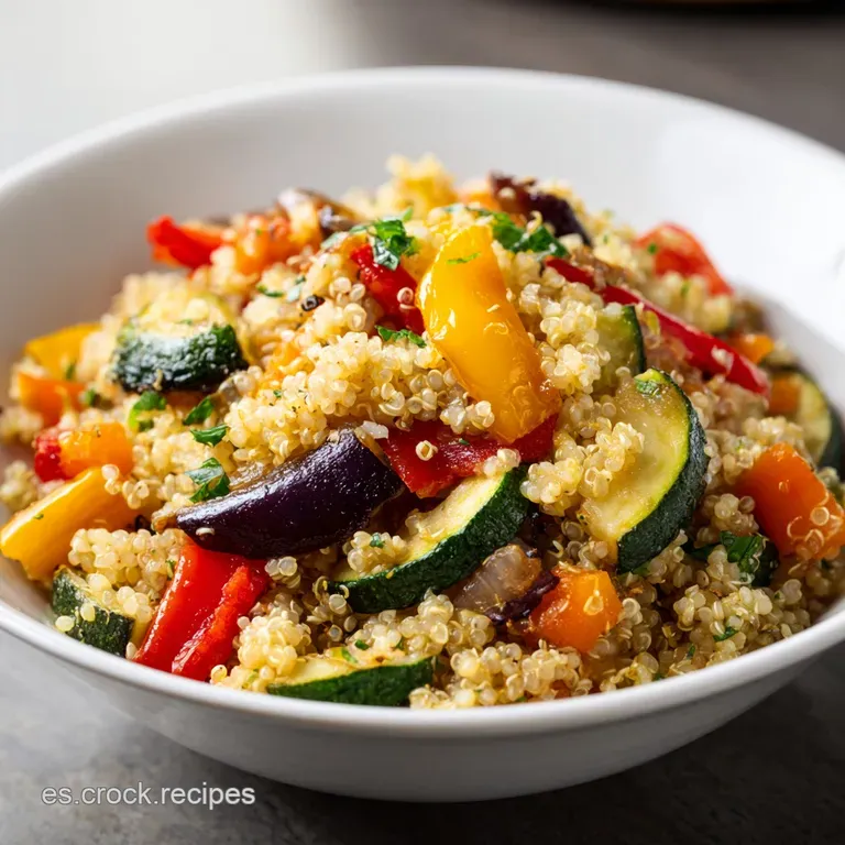 A generous scoop of fluffy quinoa and mixed vegetables artfully arranged in a rustic bowl, invitingly warm.