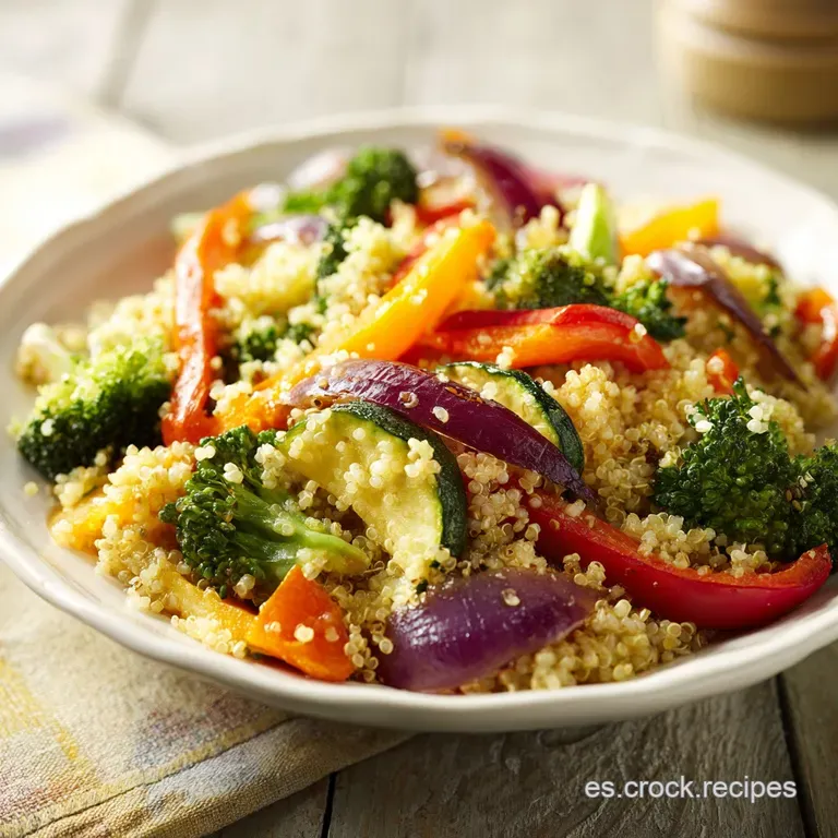 A perfectly portioned plate of quinoa and vegetables, topped with fresh herbs. Colorful, textured, and inviting on a white...