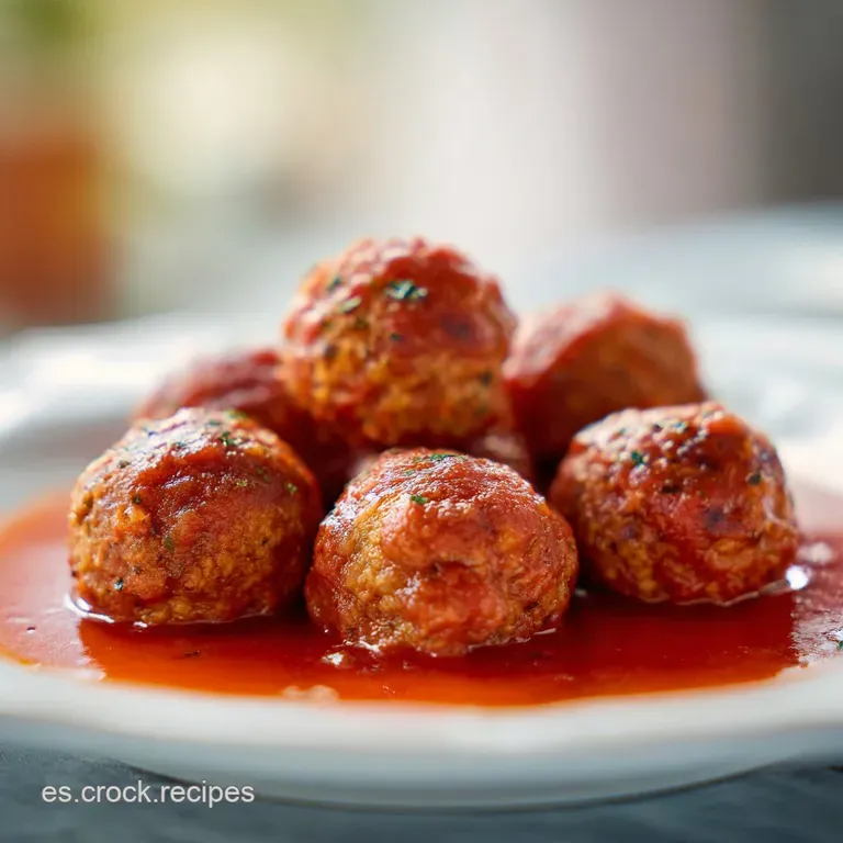 A beautifully plated serving of juicy meatballs in rich tomato sauce, garnished with fresh parsley and a drizzle of olive ...