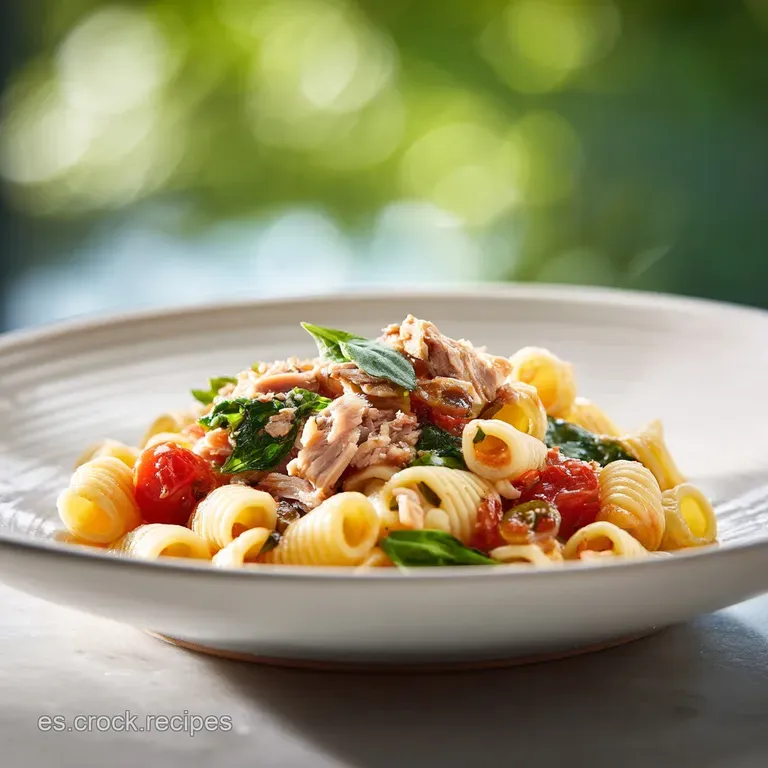 Elegant plate of tuna pasta. Fresh basil, cracked pepper, and drizzle of olive oil enhance the vibrant colors and textures.