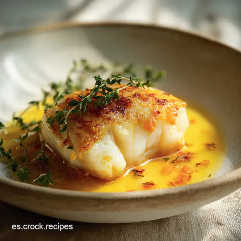 A single serving of bacalao dorado: fluffy, golden-brown mixture studded with dark olive slices, parsley sprigs, and crisp...