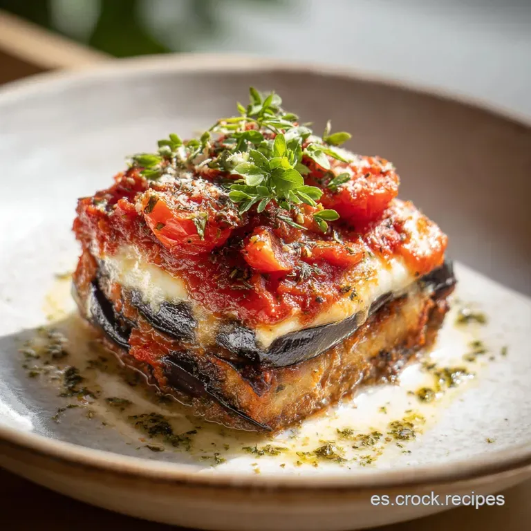 Elegant plate featuring tender eggplant slices, adorned with fresh herbs and a sprinkle of sea salt, against a dark, moody...