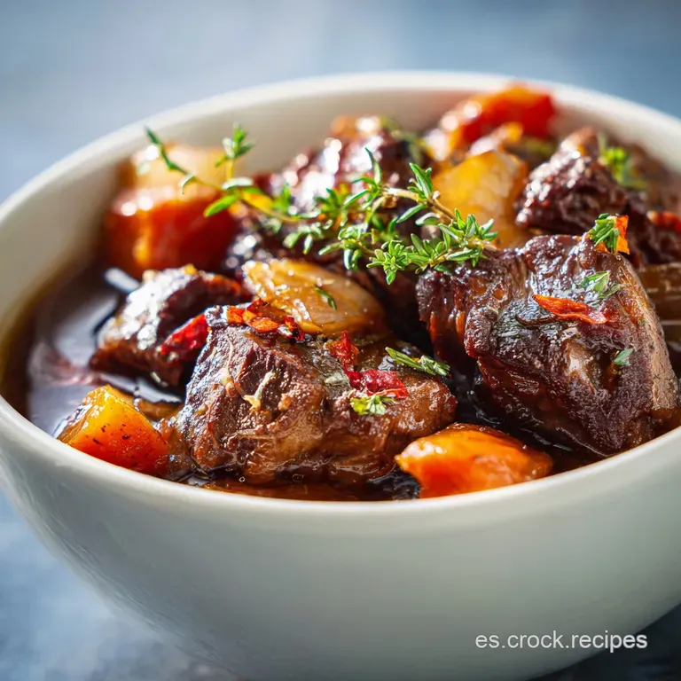 Tender pork cheek bathed in ruby red wine reduction, plated with creamy mashed potatoes and garnished with fresh thyme spr...