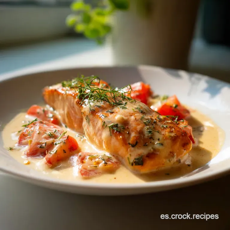 A pristine white plate showcases tender salmon bathed in a luscious, smooth cream sauce, dotted with herbs.