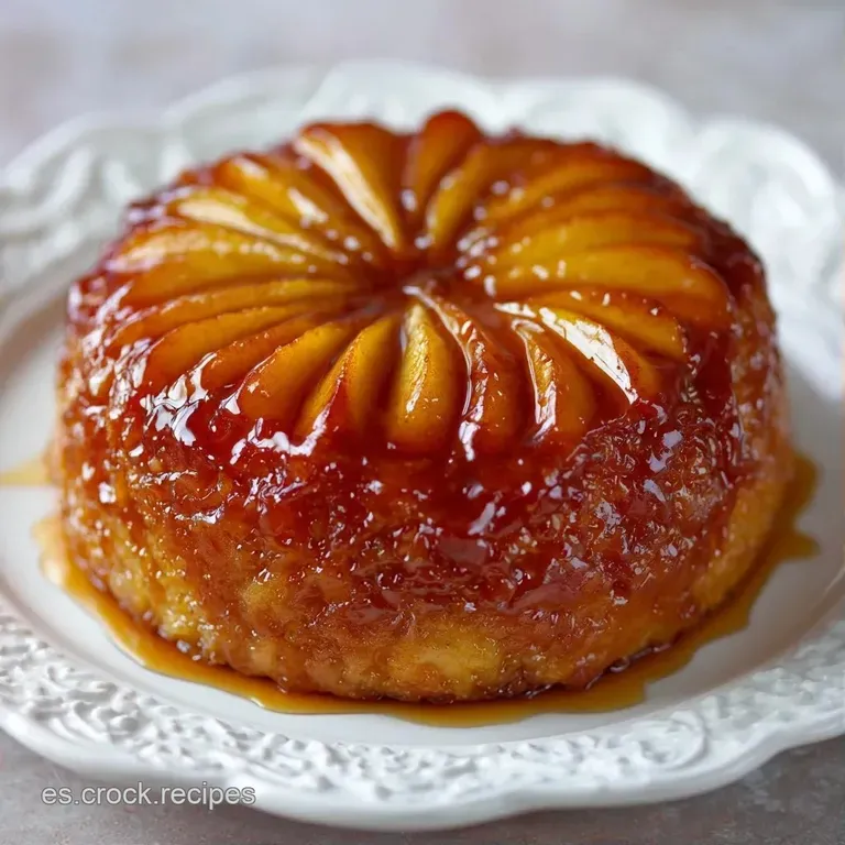 Porci&oacute;n de tarta invertida con manzanas glaseadas en plato blanco, resaltando el contraste del caramelo oscuro.