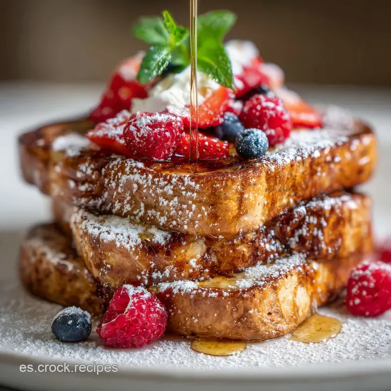 Stack of caramelized torrijas drizzled with honey, garnished with orange zest, on a delicate white plate.