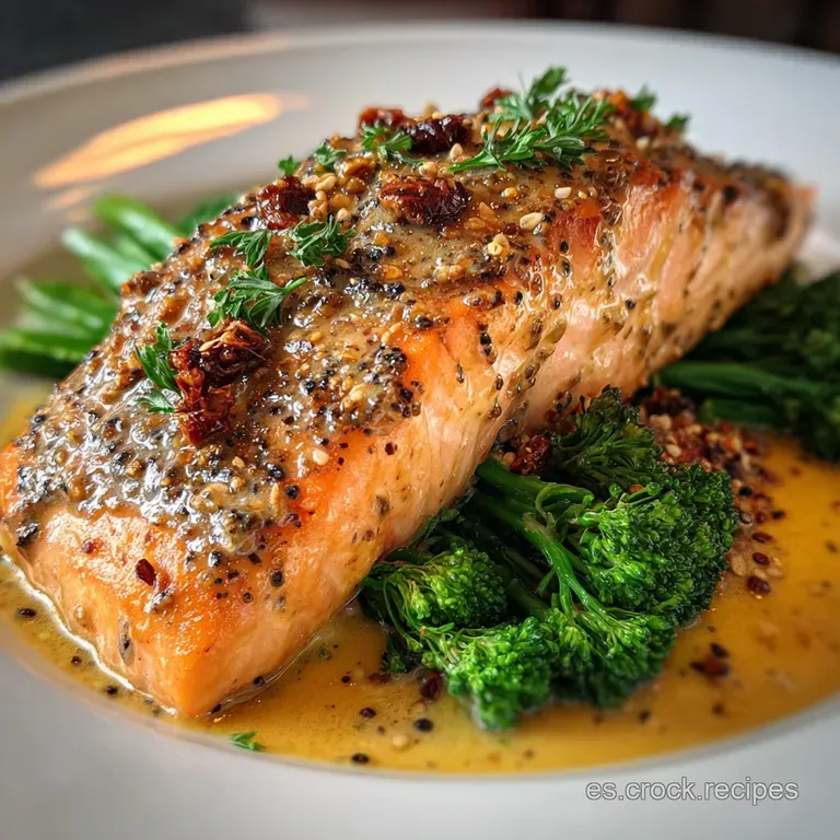 Elegant salmon fillet with a Dijon glaze served atop sauteed green beans, a bright lemon wedge, and a sprig of fresh herbs.