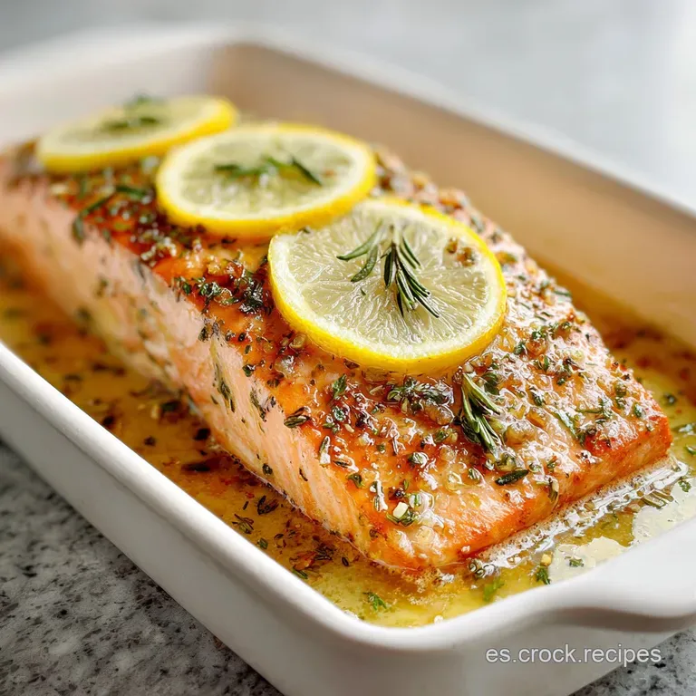 Flaky salmon fillet on a white plate, vibrant green herbs sprinkled over, next to a vibrant lemon wedge and roasted vegeta...