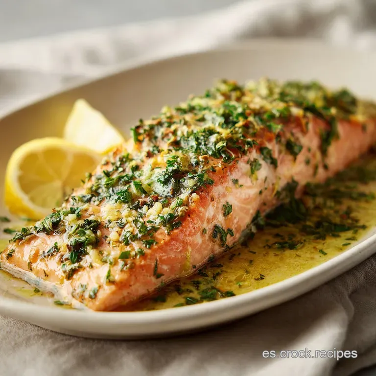 Flaky salmon fillet artfully arranged on a white plate with vibrant greens, drizzled with a bright, herbaceous sauce. A re...