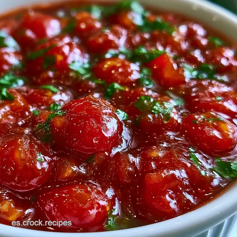 Textura densa y aterciopelada de salsa carmes&iacute; servida en un cuenco de cer&aacute;mica con trozos naturales de tomate.