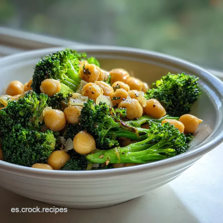 Plated saute: Emerald broccoli & browned chickpeas glisten with garlic-infused oil, creating an elegant, flavorful vegetar...