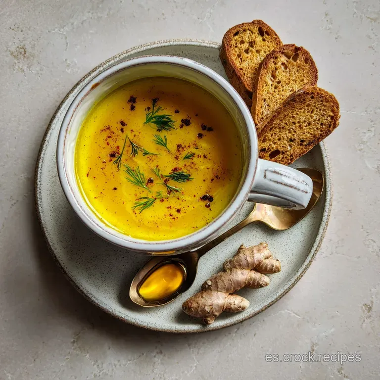 Golden turmeric soup in a white bowl, garnished with fresh herbs and a swirl of cream, alongside a wooden spoon on a rusti...