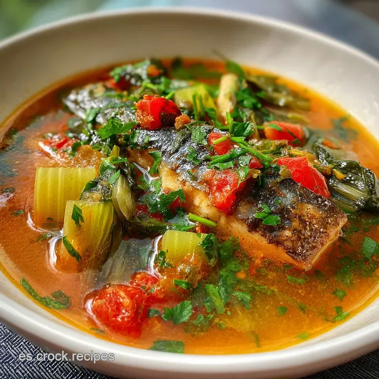 Elegant plating of Basque fish soup with a drizzle of olive oil, bright green herbs, and a crusty bread slice on the side.