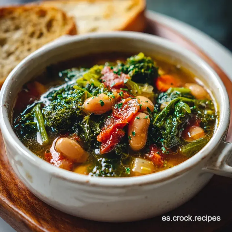 Elegant bowl of Tuscan soup, vibrant green spinach & savory sausage. Swirl of cream, crusty bread, fresh herbs sprinkled o...