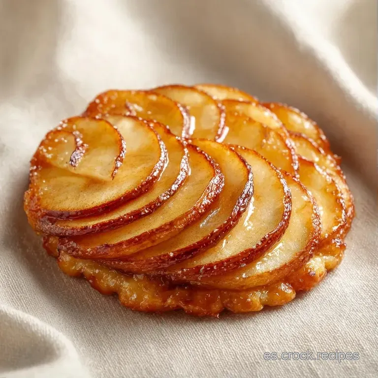 Trozo de tarta en plato blanco con mermelada brillante, capas de manzana suave y una base de masa crujiente y dorada.