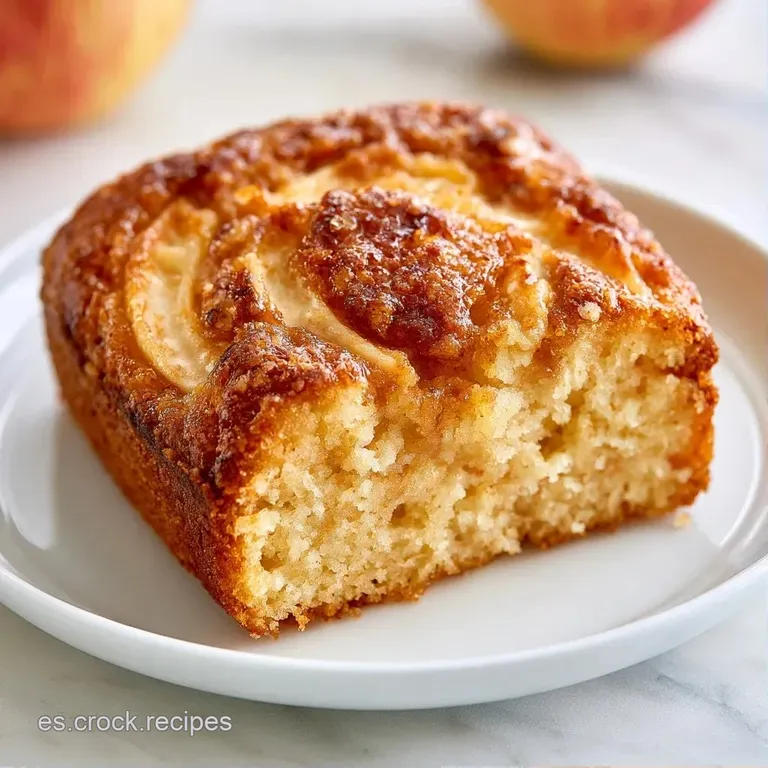 Porci&oacute;n de tarta sobre plato blanco; destaca su miga esponjosa y clara junto a manzanas caramelizadas en la superficie.