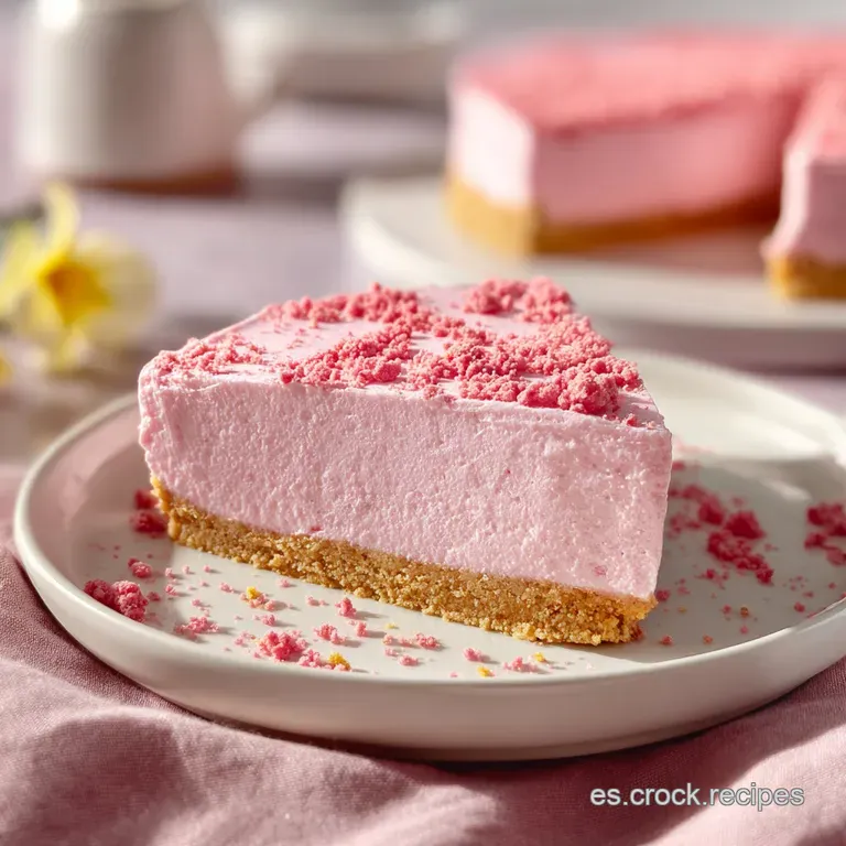 Porci&oacute;n triangular de pastel rosa suave sobre plato blanco, decorada con frutos rojos frescos y un toque de nata blanca.