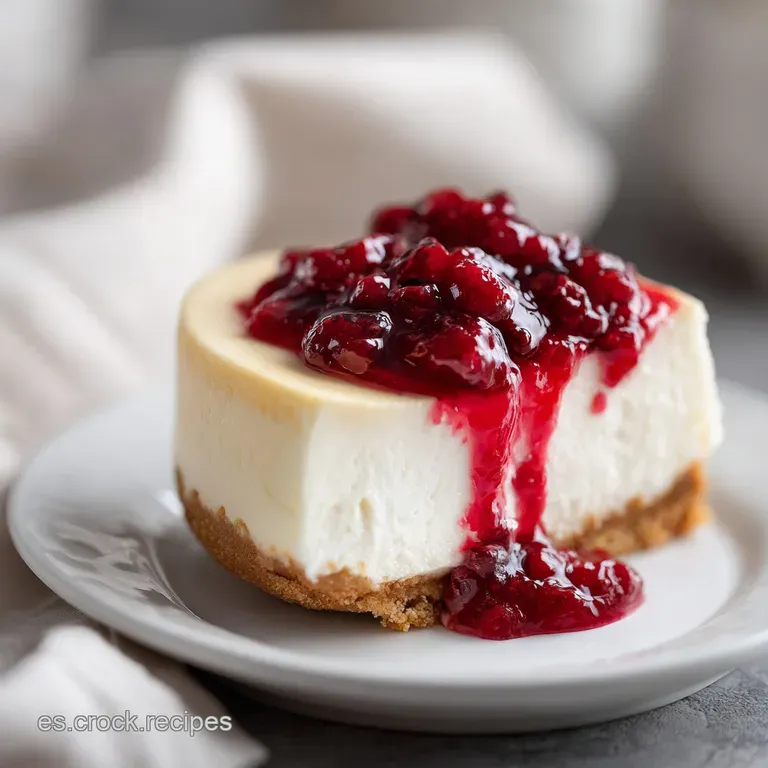 A slice of smooth, pale cheesecake with a glistening, slightly browned top, artfully plated.