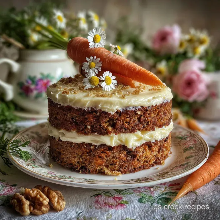 Slice of spiced carrot cake with creamy frosting and a sprinkle of nuts on a white plate, hinting at warm, comforting flav...