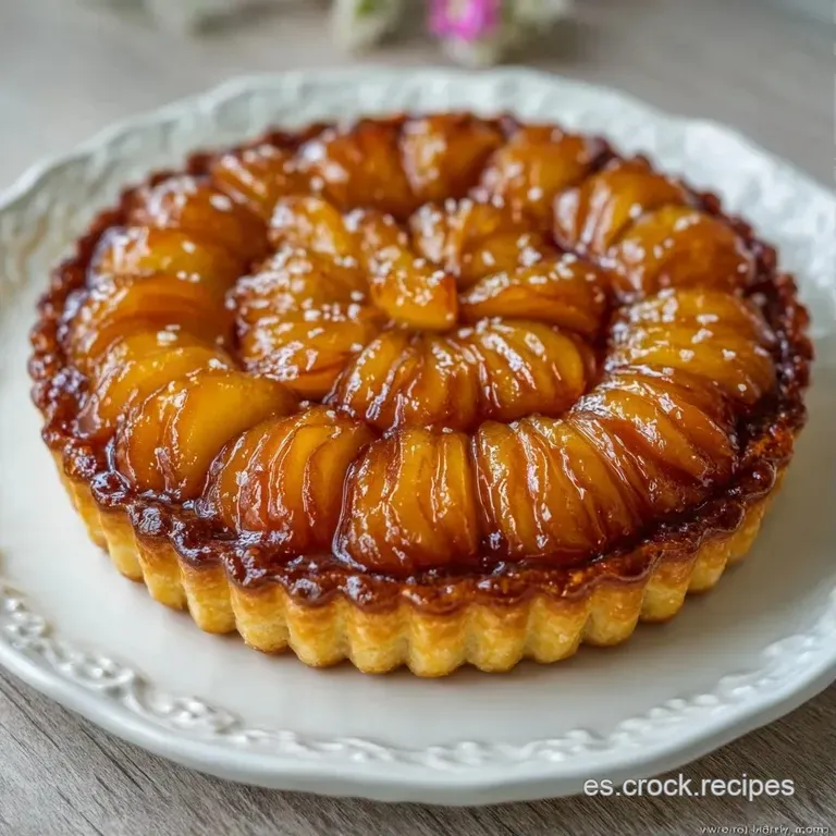 Porci&oacute;n de tarta invertida sobre plato blanco, resaltando el caramelo denso y una nube de crema blanca muy suave.