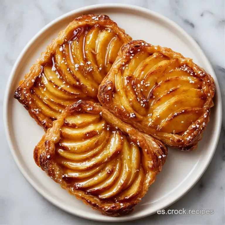 Porci&oacute;n de manzana glaseada y brillante sobre hojaldre aireado, servida en plato blanco con hilos de caramelo dulce.