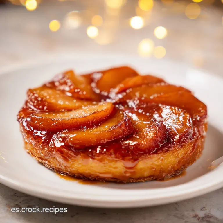 A warm, glistening pear tart tatin slice, lightly dusted with powdered sugar, on a white plate.