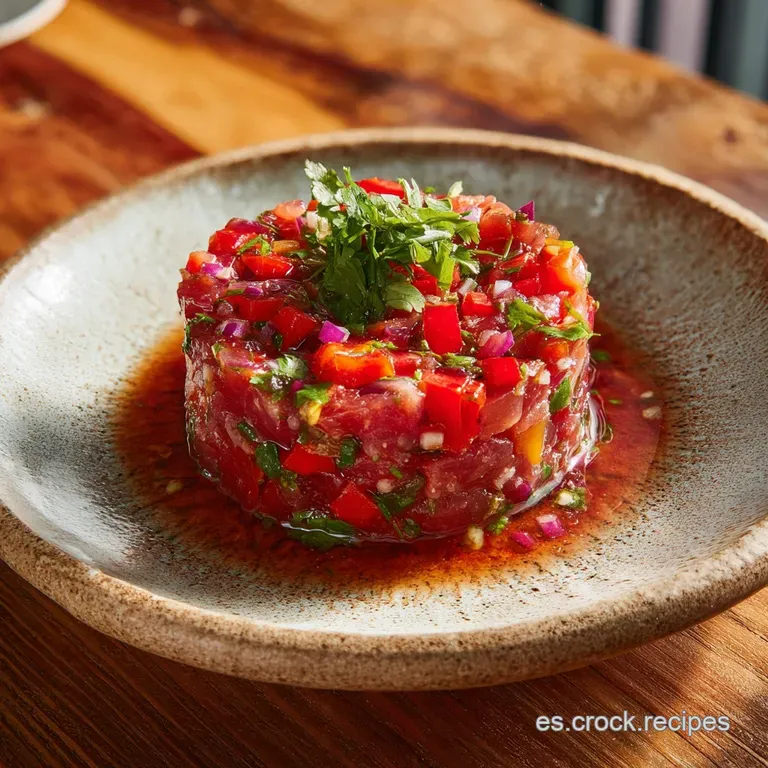 Elegant plate of vibrant fuet tartare, drizzled with golden oil and adorned with verdant herbs, alongside crusty bread sli...