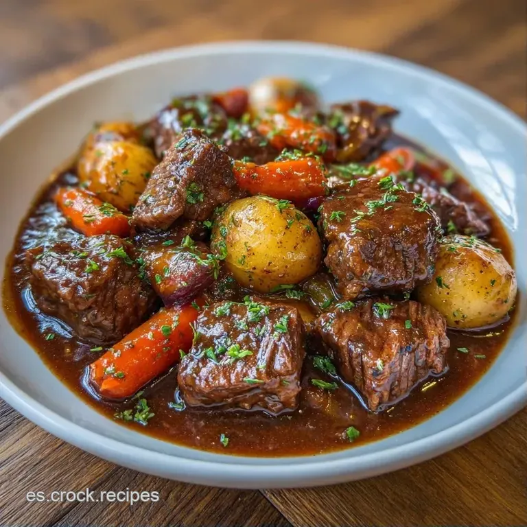 Plato blanco con trozos de carne jugosa, salsa oscura espesa y brillante, adornada con perejil verde y vapor suave.