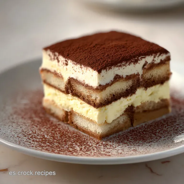 Porci&oacute;n rectangular de crema aterciopelada blanca con capas oscuras de caf&eacute; y lluvia de cacao amargo muy fino.
