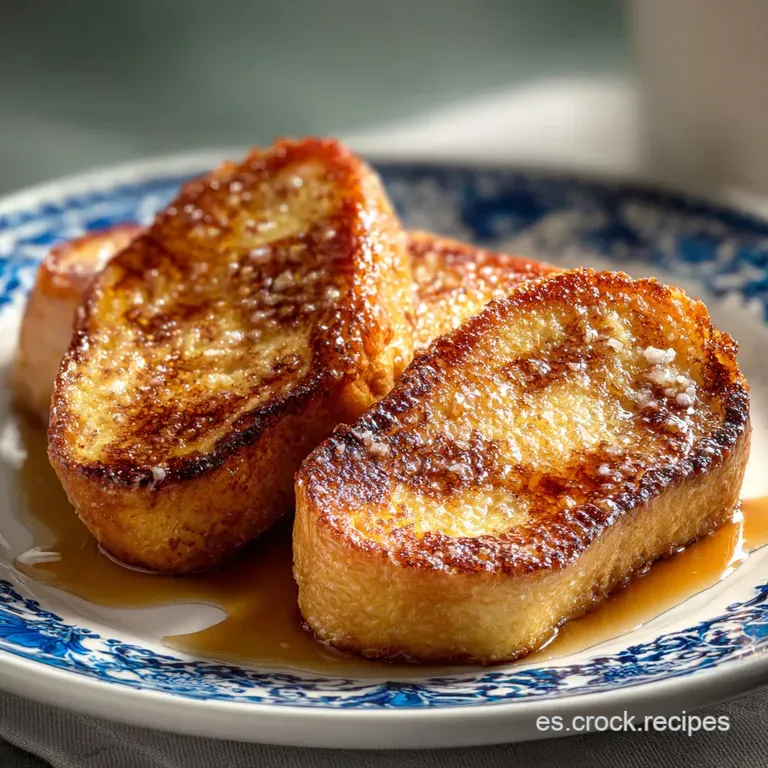 A stack of torrijas dusted with sugar & spice, resting on a white plate. Drizzled honey adds warmth and shine to the dessert.