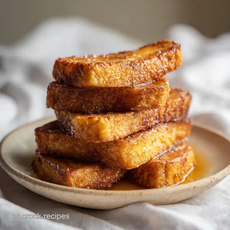 Elegant stack of torrijas, glistening syrup pooling on the plate, dusted with cinnamon with a bright sprig of mint.