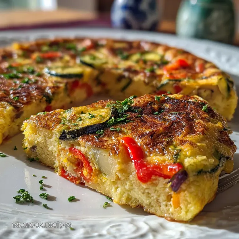 Wedge of golden tortilla with vibrant veggies on a white plate, hinting at creamy interior; inviting Basque flavors in an ...