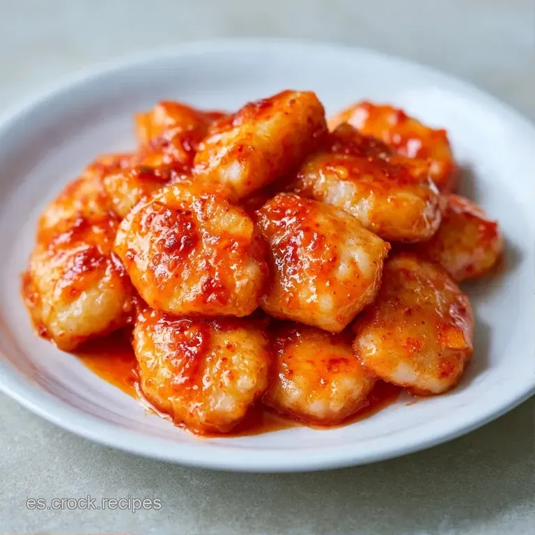 Plato cerámico con pasta coreana en salsa rosada brillante, adornada con hierbas frescas y un toque de pimienta negra.