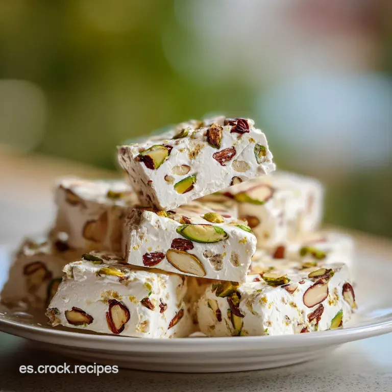Slices of almond turr&oacute;n arranged on a white plate, showcasing a contrast of creamy, ivory tones and chunky almond textures.