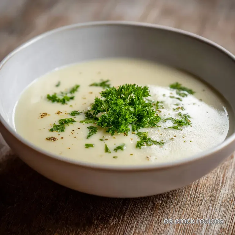 Elegant bowl of chilled, pale soup; vibrant green chives sprinkled on top, hinting at a refreshing and delicate flavor pro...