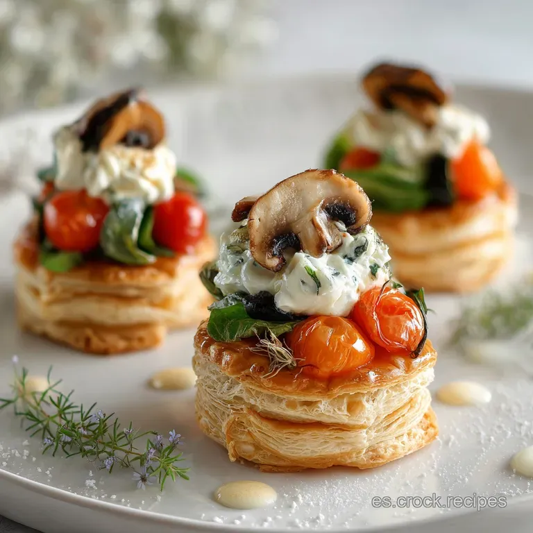 Elegant vol-au-vent pastries filled, adorned with sprigs, and resting on a plate. Filling glistens, promising a flavorful ...